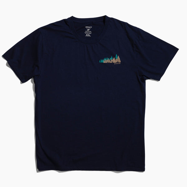 XS Moonlit Reflection Graphic Crew (Flat-lay): Navy crew neck tee with small embroidered forest graphic on left chest