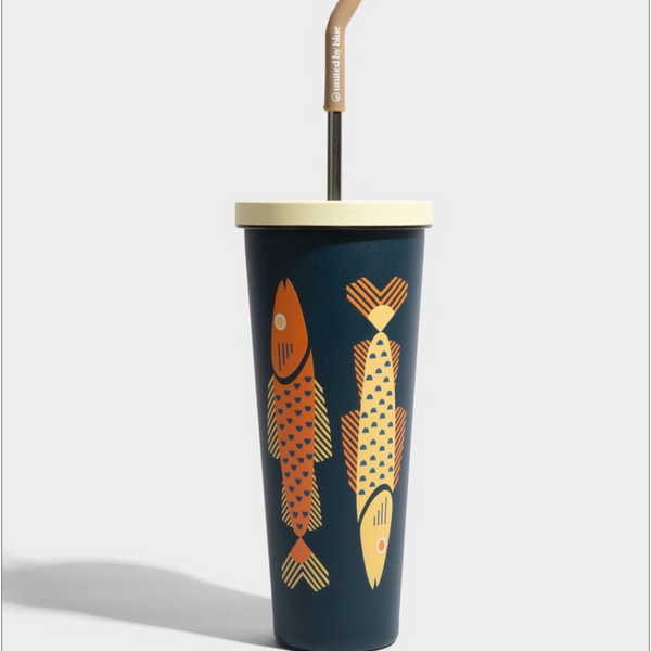 Rainstorm - Fish 24 oz Insulated Steel Straw Tumbler (Angle): Navy tumbler with orange and yellow geometric fish, cream lid, bent straw