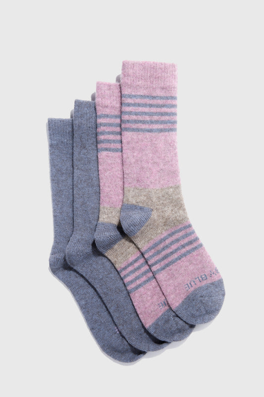 Pink and Heather Blue Striped Yak Wool - Everyday Crew Sock - 2 Pack (Flat-lay): Two crew socks, one solid blue, one pink with gray stripes and heel accents