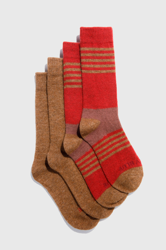 Sienna and Red Striped Yak Wool - Everyday Crew Sock - 2 Pack (Flat-lay): Two pairs of crew socks, one tan solid, one red striped with brown accents