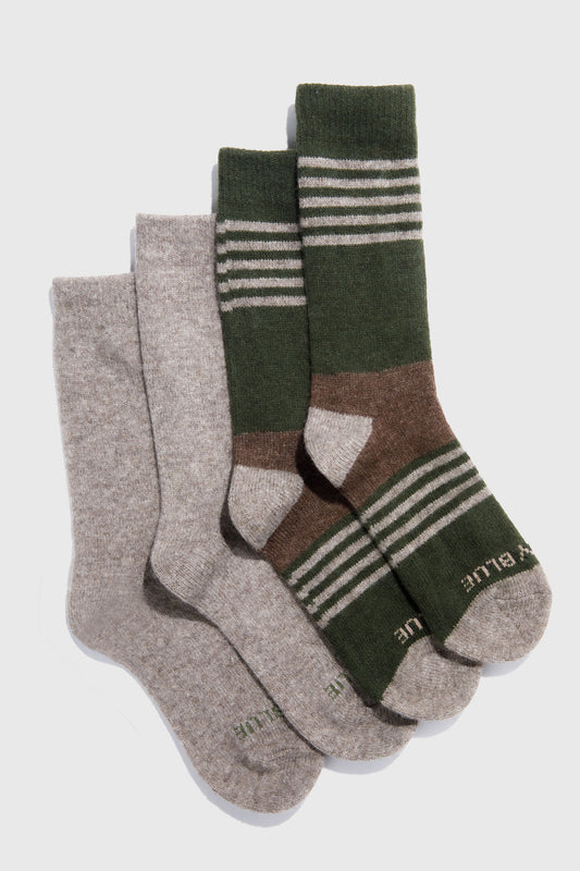 Tan and Green Striped Yak Wool - Everyday Crew Sock - 2 Pack (Flat-lay): Two pairs of crew socks, one solid tan, one green striped with brown heel
