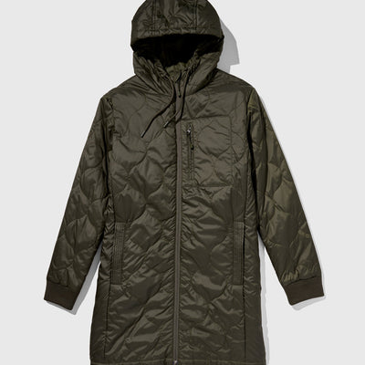 Forest Floor Bison Ultralight Long Liner Jacket (Flat-lay): Olive green quilted hooded jacket with front zip, chest and side pockets
