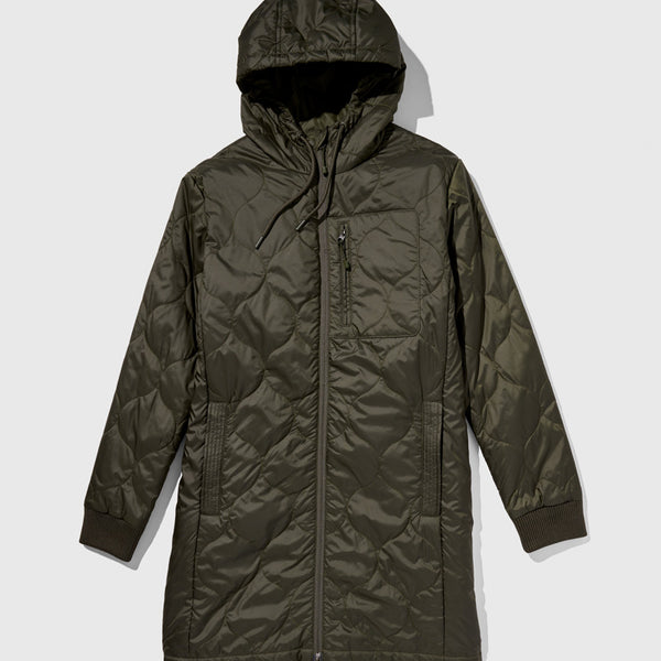 Forest Floor Bison Ultralight Long Liner Jacket (Flat-lay): Olive green quilted hooded long jacket with front zipper and side pockets