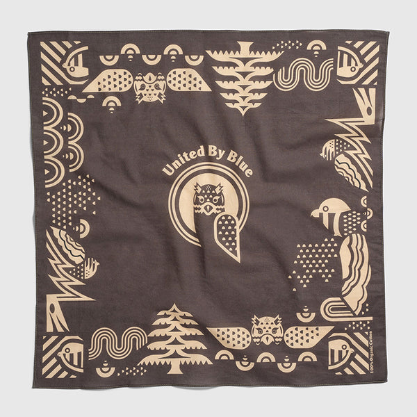 Dark Brown Organic Hoot Bandana (Flat-lay): Dark brown square bandana with tan owl, bird, and geometric border print