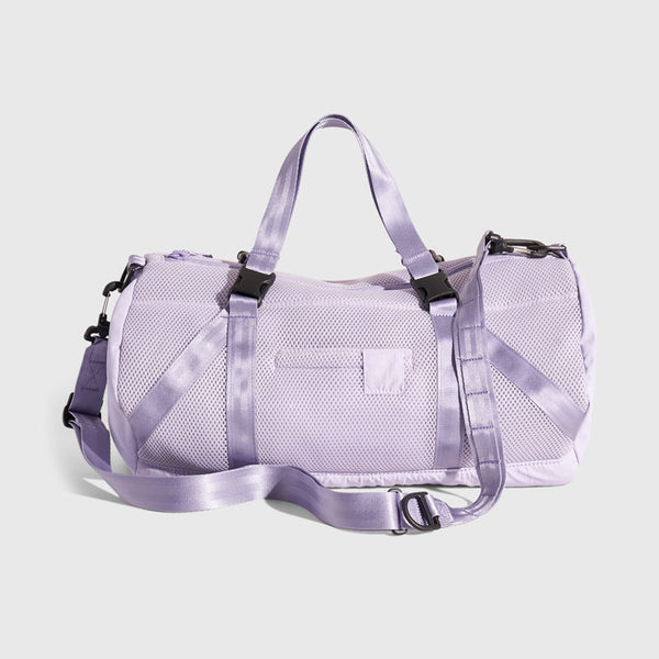 Lavender (Re)active™ 16L Mini Duffle (Angle): Light purple mesh duffle with satin straps, black buckles, and logo patch