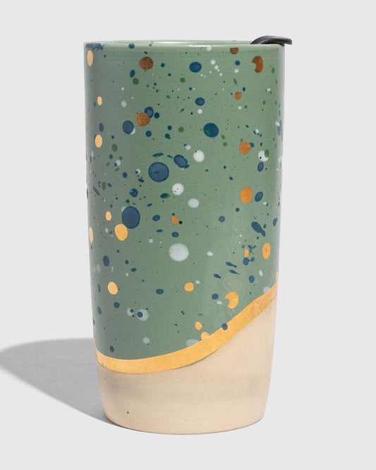Juniper 10 oz. Insulated Stoneware Travel Mug (Angle): Sage green splattered tumbler with gold band, unglazed cream base, lid