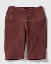 Chocolate EcoKnit™ Ribbed Bike Short (Flat-lay): Dark brown ribbed bike shorts with wide waistband and side pockets