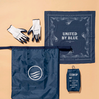 Navy Reusable DIY Cleanup Kit (Flat-lay): Navy cleanup kit with gloves, bandana, tote bag, and pouch