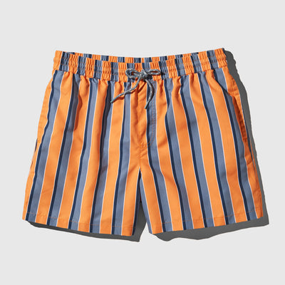 Orange Ochre Recycled Swim Trunk - 5" (Flat-lay): Orange and blue vertical striped shorts with elastic waistband and drawstring