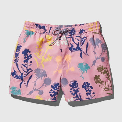 Foxglove Recycled Swim Trunk - 5" (Flat-lay): Pink swim trunks with multicolor floral print and gray drawstring waistband