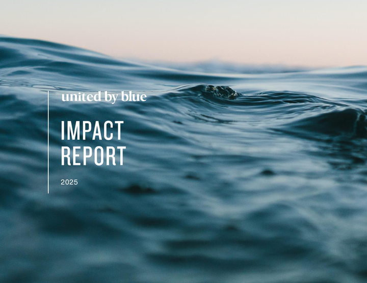 United By Blue 2025 Impact Report cover — ocean surface at dusk