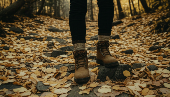 Autumn forest trail with golden leaves, hiker's wool socks and boots on rocky path