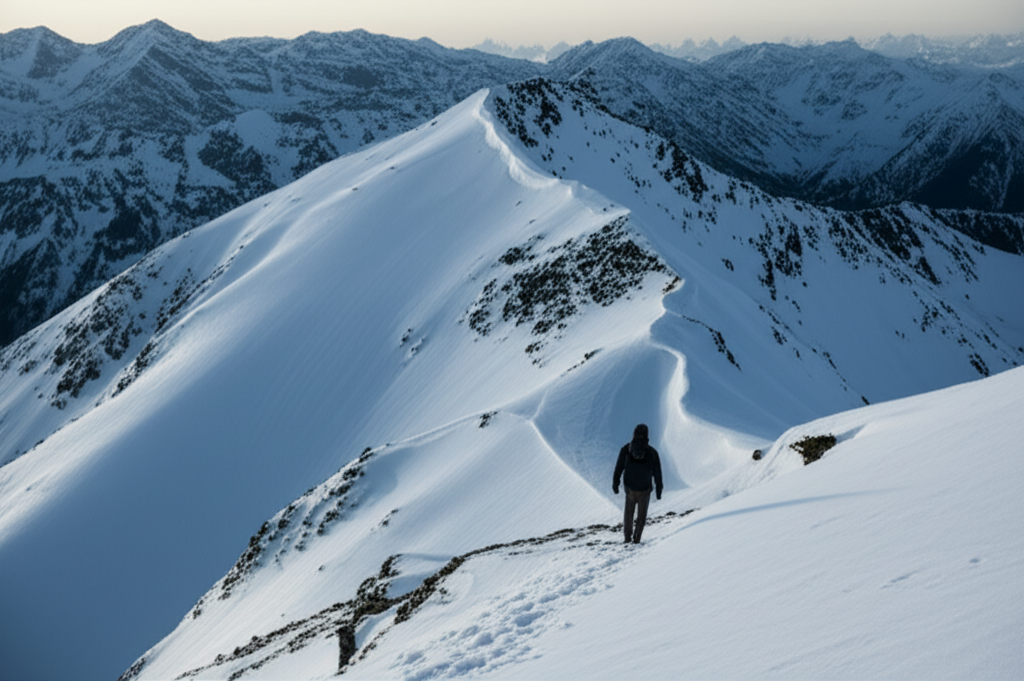 Dramatic winter mountain landscape with snow-covered peaks and lone hiker