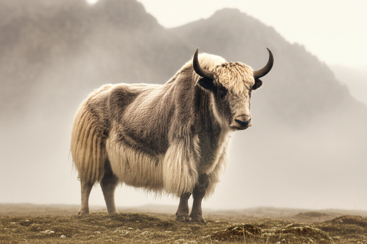 Yak standing on misty highland plateau at sunrise