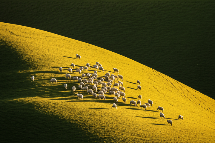 Merino sheep on rolling green hills at sunset