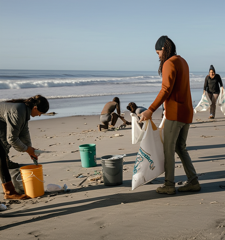 Volunteers cleaning up plastic debris on ocean beach