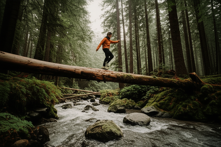 Hiker crossing log bridge in Pacific Northwest forest