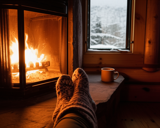 Cozy winter cabin scene with wool socks by fireplace and snow outside