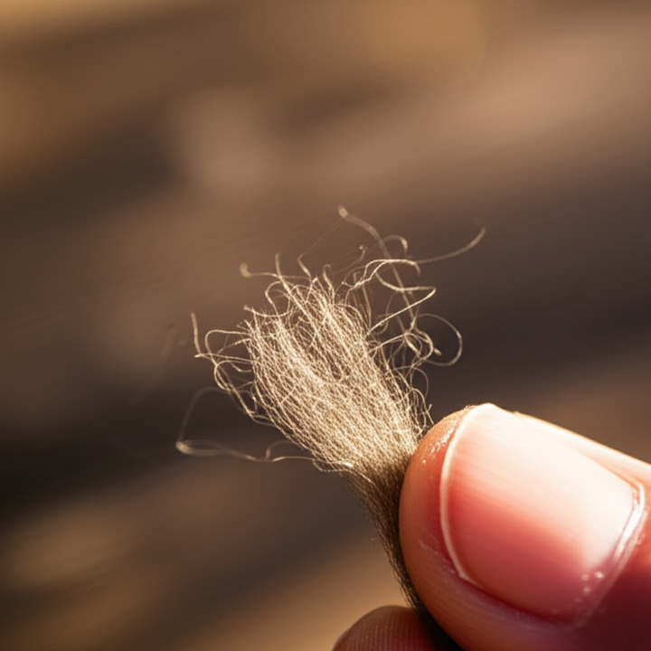 Close-up of soft natural wool fiber held between fingers