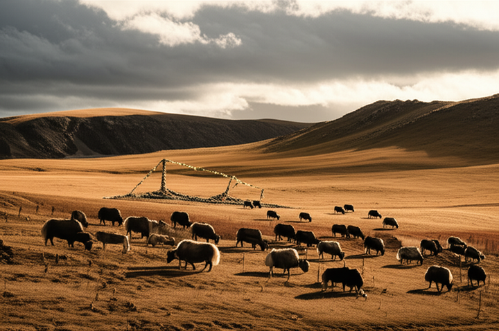 Yak herd on highland plateau with prayer flags in the distance