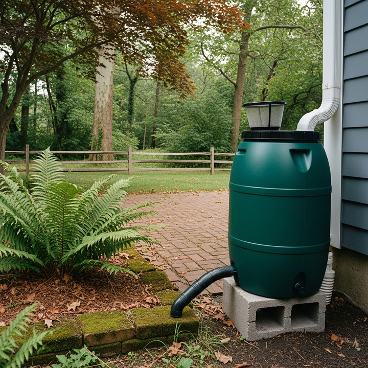 Dark green rain barrel on cinder blocks beside a white downspout in a residential backyard
