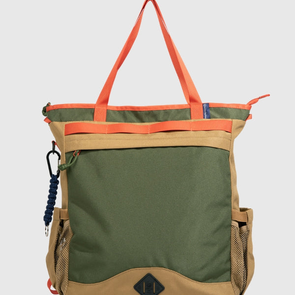 A green and beige convertible carryall bag with orange straps and multiple pockets, designed to be versatile for work, travel, and school.