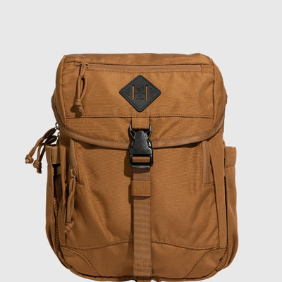 Camel (R)evolution™ 9L Sidekick (Front): Tan canvas bag with black buckle strap, front pocket, side mesh pocket