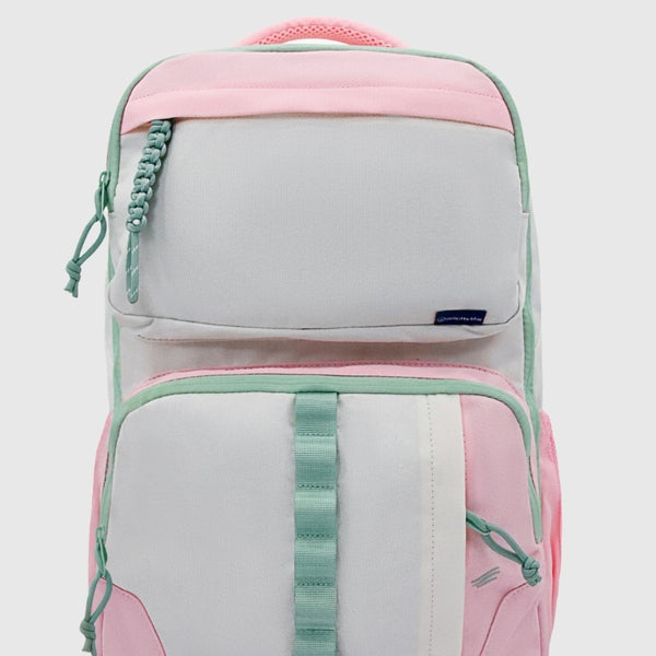 Light Pink and gray backpack w accents on a grey background