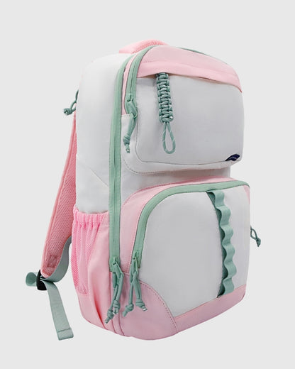 Light Pink and gray backpack with green accents on a light gray background
