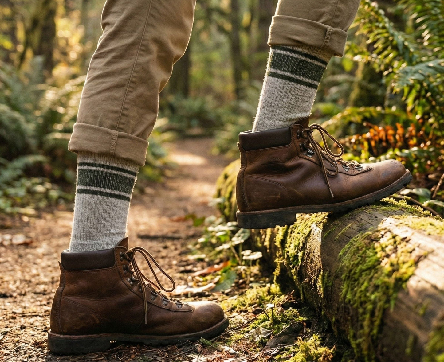 Person wearing brown boots and beige pants standing on a log in a forest.