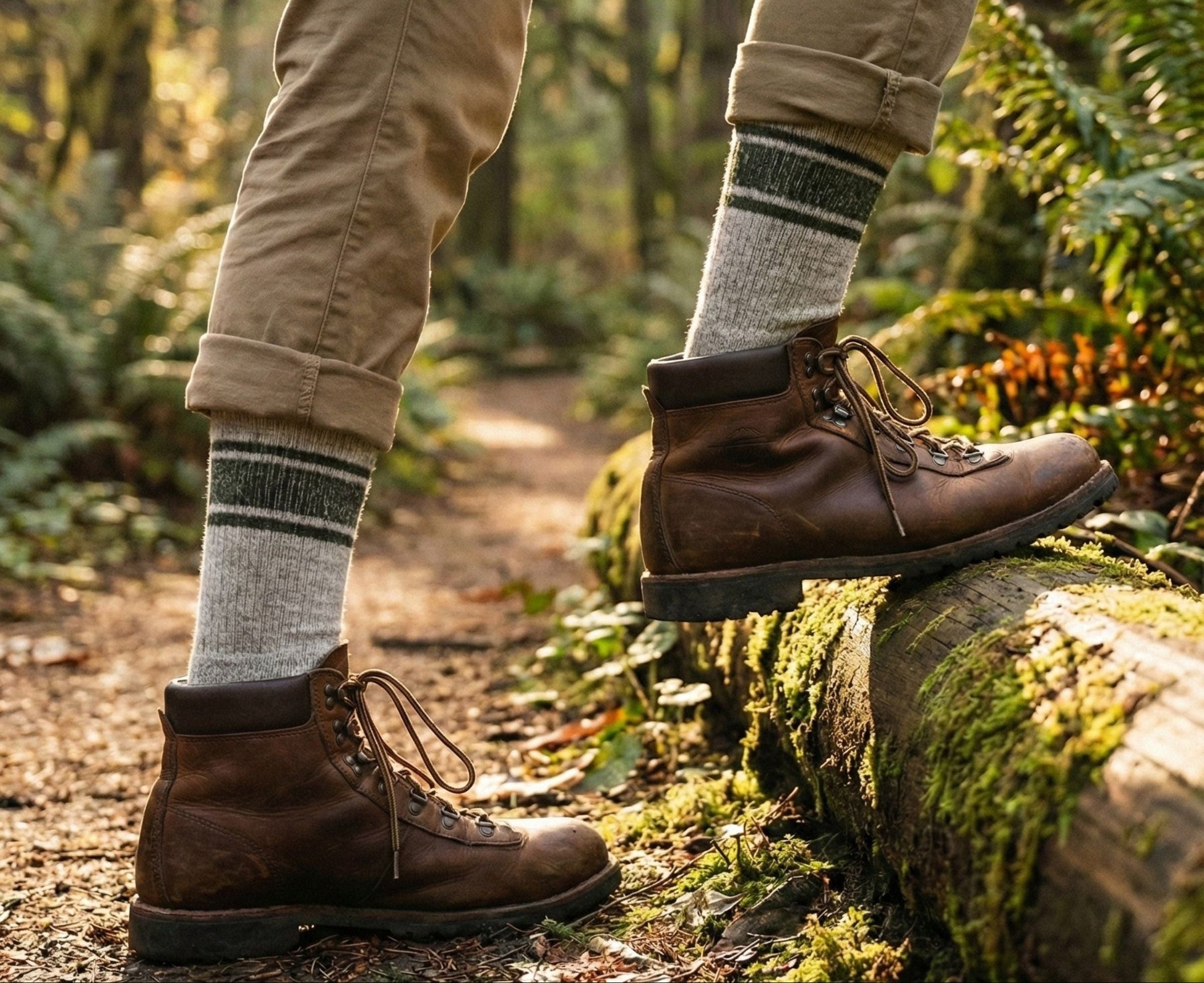 Person wearing brown boots and beige pants standing on a log in a forest.