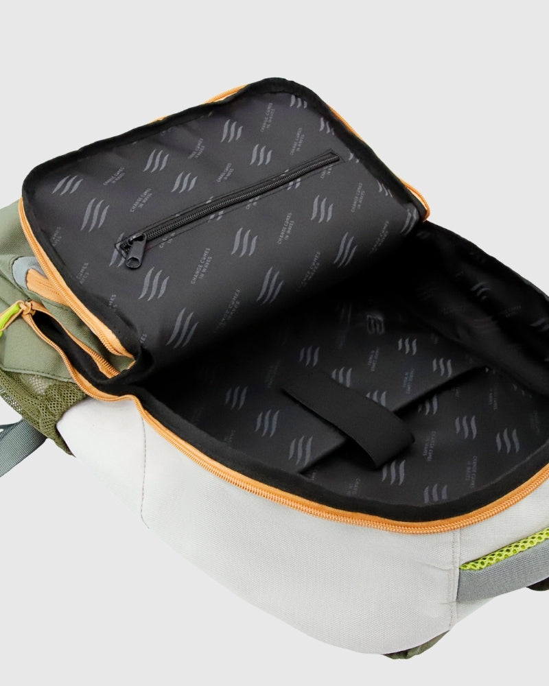 Olive backpack with black interior and orange accents 