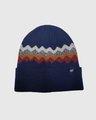 Navy Merino Wool Mountain Scape Knit Beanie (Front): Navy knit beanie with zigzag mountain stripe pattern in white, gold, and red