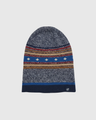 Navy Merino Wool Slouchy Modern Fair Isle Beanie (Flat-lay): Heathered navy beanie with Fair Isle stripe band featuring cross motifs