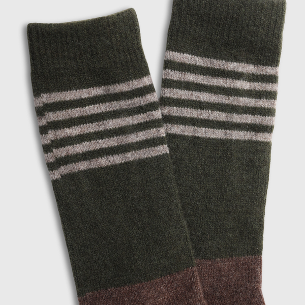 Brown Yak Wool - Ultimate Full Cushion Boot Sock (Detail): Dark olive knit socks with four gray stripes and brown toe section