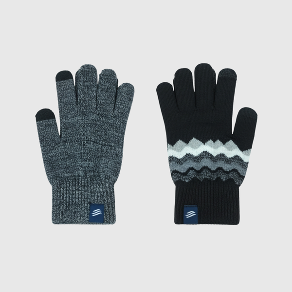 Black THE MERINO WOOL MOUNTAIN AND MARLED KNIT GLOVE 2 PACK (Flat-lay): Two knit gloves: marled gray and black with zigzag stripe pattern