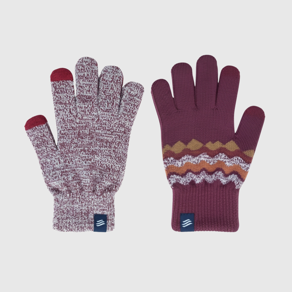 Burgundy THE MERINO WOOL MOUNTAIN AND MARLED KNIT GLOVE 2 PACK (Flat-lay): Two burgundy knit gloves side by side, one marled, one patterned