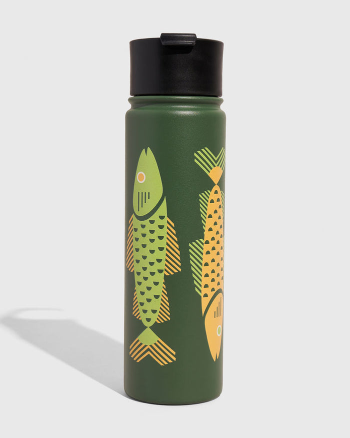 Pine - Fish Bottle - 22 Oz. Insulated Stainless Steel (Front): Dark green insulated bottle with geometric fish print and black flip-top lid