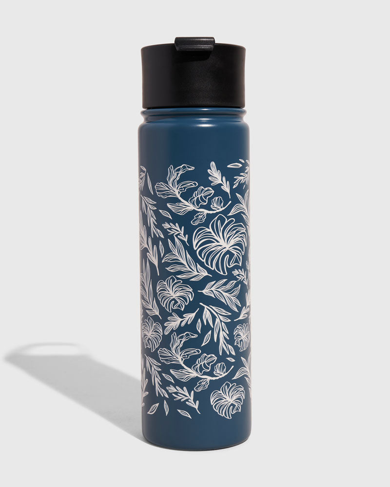 Rainstorm - Plants Bottle - 22 Oz. Insulated Stainless Steel (Front): Tall dark blue insulated bottle with white botanical leaf print, black lid