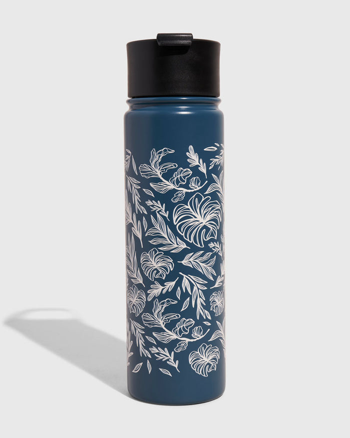 Rainstorm - Plants Bottle - 22 Oz. Insulated Stainless Steel (Front): Tall dark blue insulated bottle with white botanical leaf print, black lid
