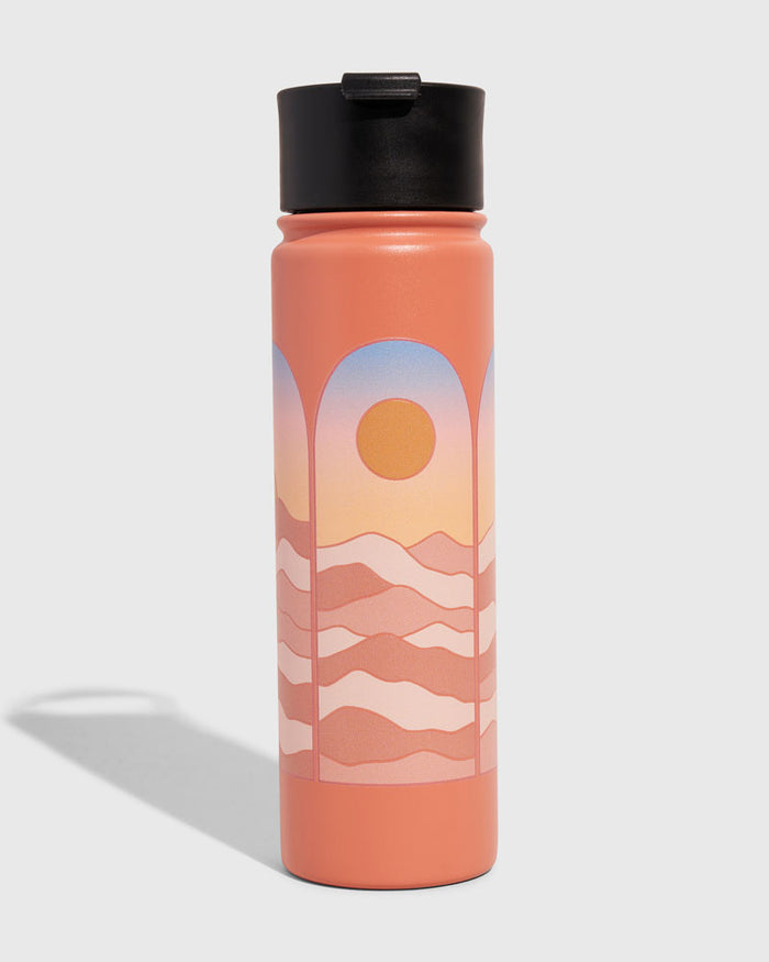 Sherbet - Sunrise Bottle - 22 Oz. Insulated Stainless Steel (Front): Coral insulated bottle with sunset arch and wave landscape graphic, black lid