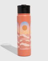 Sherbet - Sunrise Bottle - 22 Oz. Insulated Stainless Steel (Front): Coral insulated bottle with sunset arch and wave landscape graphic, black lid