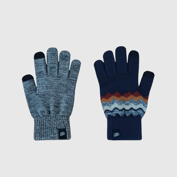 Navy THE MERINO WOOL MOUNTAIN AND MARLED KNIT GLOVE 2 PACK (Flat-lay): Two knit gloves: heathered blue and navy with zigzag stripe pattern