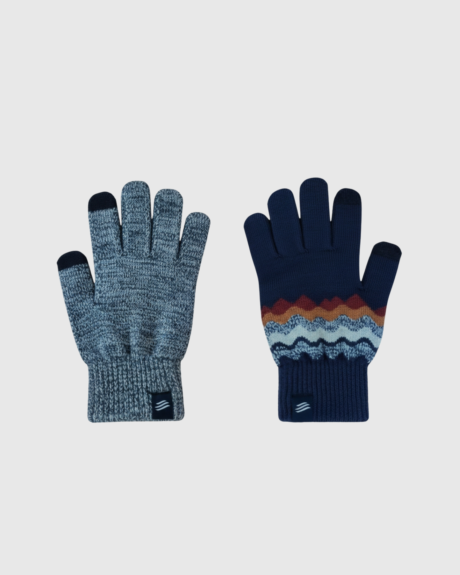 Navy THE MERINO WOOL MOUNTAIN AND MARLED KNIT GLOVE 2 PACK (Flat-lay): Two knit gloves: marled gray and navy with zigzag stripe pattern