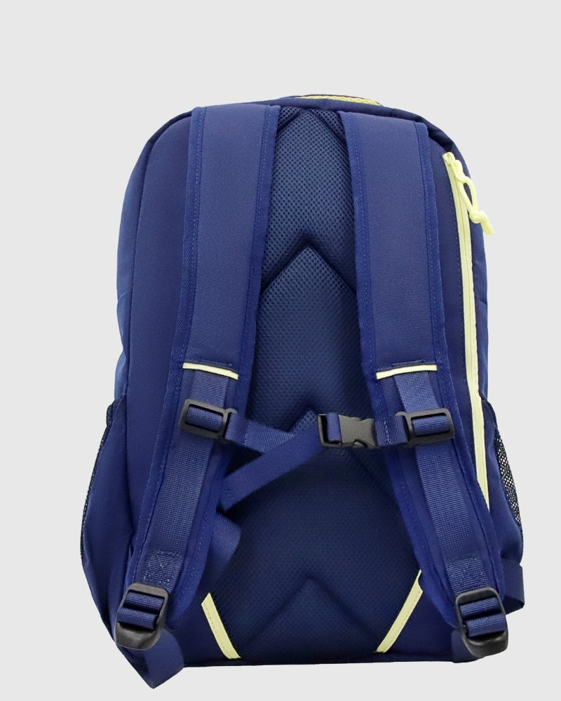 Blue backpack with yellow accents on a light gray background