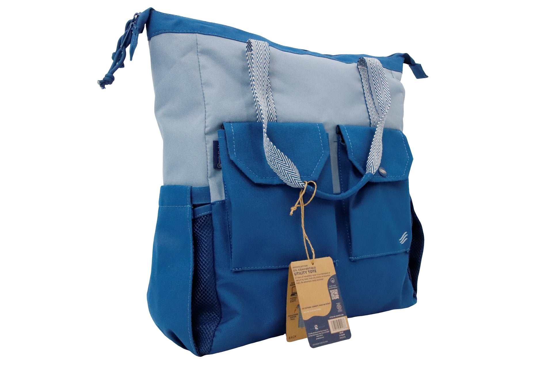 Blue (R)evolution 27L Utility Convertible Tote (Angle): side view showing mesh water bottle pocket and herringbone carry straps
