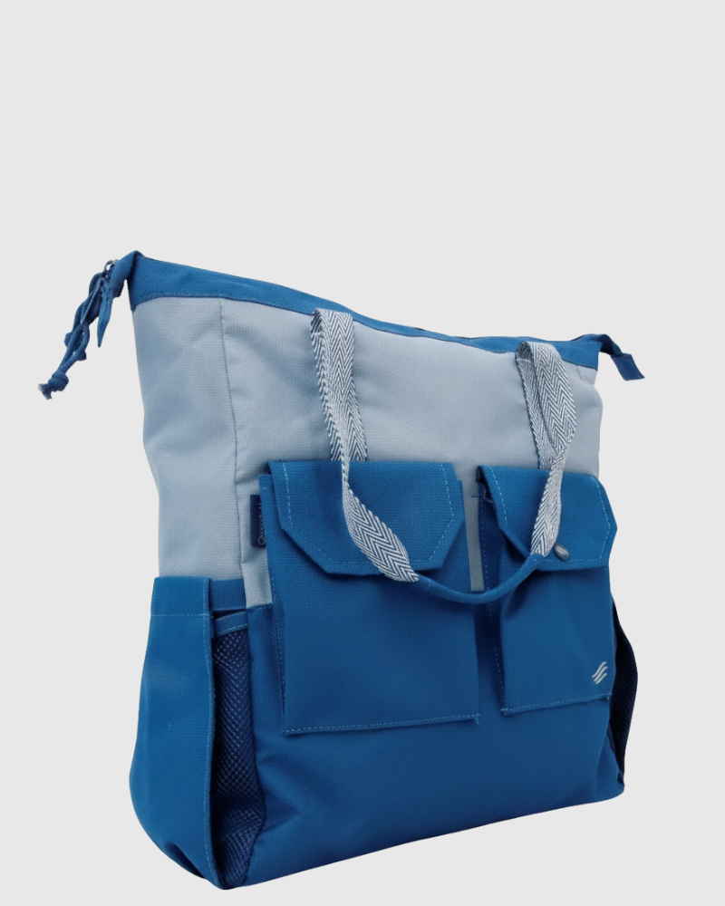 Blue (R)evolution™ 27L Utility Convertible Tote (Angle): blue and gray tote on a white background