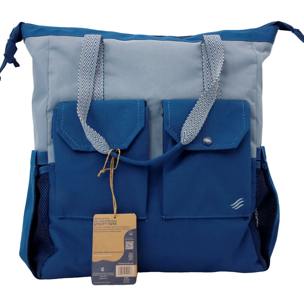Blue (R)evolution 27L Utility Convertible Tote (Front): two-tone cobalt and light blue recycled polyester tote with double front pockets