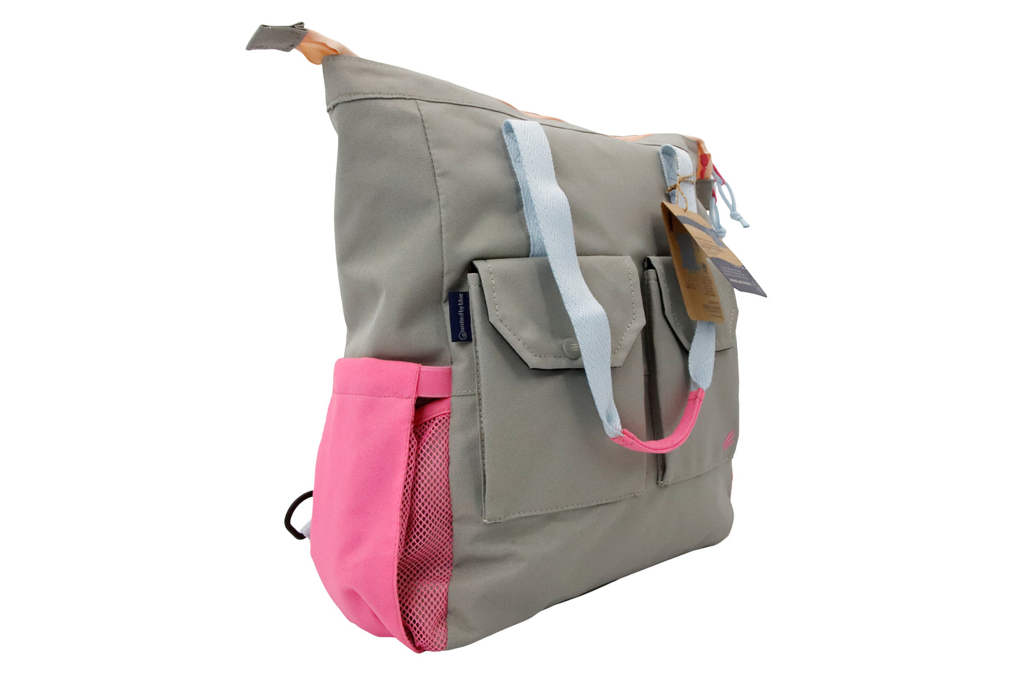 Lt Gray (R)evolution 27L Utility Convertible Tote (Angle): side view showing pink mesh water bottle pocket and front flap organizer pockets
