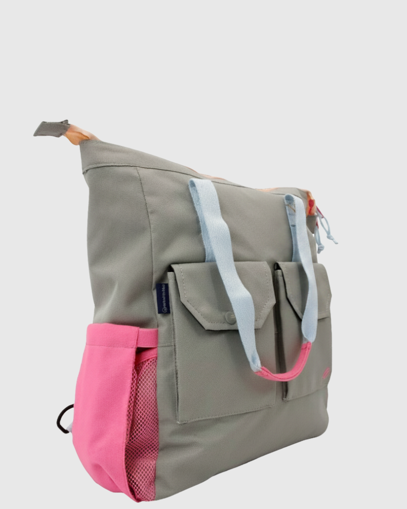 Lt Gray (R)evolution™ 27L Utility Convertible Tote (Detail): gray and pink tote with visible brand logo